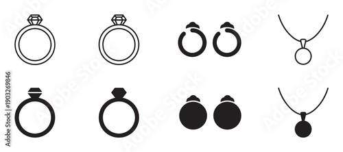 Set of black jewelry icons featuring diamond rings, earrings, and necklaces presented in both minimalist line art and solid glyph silhouette styles for graphic design