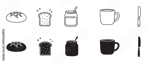 Set of breakfast food and utensil icons in black and white, showing bread, toast, jam, a mug, and a knife in both outline and solid silhouette graphic styles