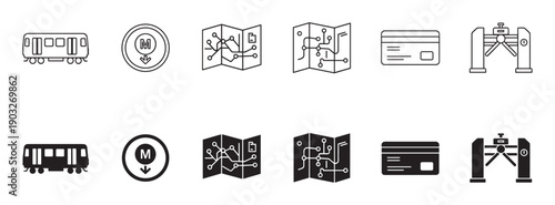 Set of black metro public transport icons featuring a train, station sign, route map, ticket, and turnstile gate in both linear outline and solid glyph styles