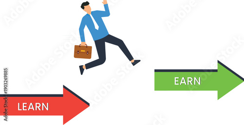 Businessman jumping learning earning arrows success path career development financial growth professional achievement skill acquisition motivational concept future planning