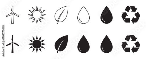 Black and white ecology icon set featuring a wind turbine, sun, leaf, water drop, and recycling symbol in both outline and solid glyph styles for sustainable energy concepts