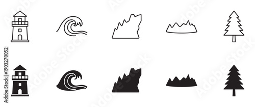 Minimalist nature and landscape icon set with a lighthouse, sea wave, cliff, and fir tree, presented in two variations as simple line art and solid black silhouettes