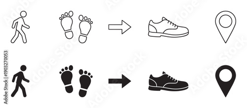 Set of black walking and navigation icons showing a person, footprints, an arrow, a shoe, and a location pin in both outline and solid glyph styles for wayfinding concepts