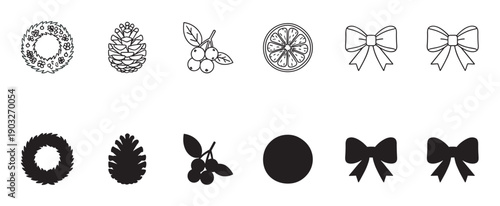 Set of black winter holiday icons featuring a wreath, pinecone, berries, citrus slice, and bow presented in both outline and solid silhouette styles for festive design elements