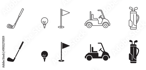 Set of black golf equipment icons featuring a club, ball, tee, flag, cart, and bag in minimalist line art and solid silhouette styles for graphic design elements