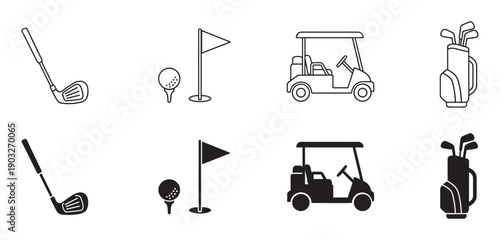 Set of black golf sport icons showing a club, ball on a tee, flag, cart, and bag with clubs in two graphic styles, simple line art and a solid filled silhouette