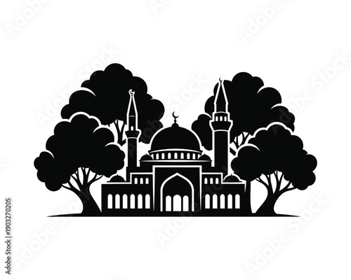 Mosque with trees vector silhouette illustration design set collection,  mosque with trees silhouette, mosque with surrounding trees vector, islamic mosque landscape illustration, mosque dome minaret 