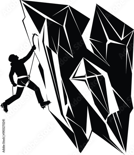 Silhouette of an ice climber ascending a sharp jagged rock formation using ice axes and crampons for extreme winter mountaineering challenge