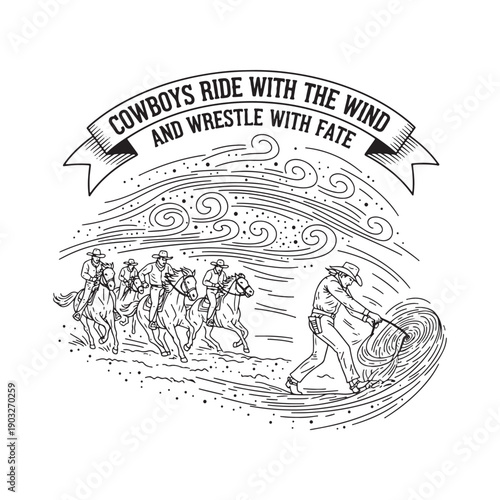  vintage cowboys riding with the wind illustration