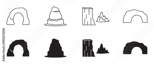 Collection of minimalist mountain and rock icons featuring natural arches, cliffs, and buttes presented as both simple line art and solid black glyphs