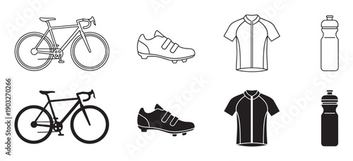 Cycling gear and equipment icon set with a road bicycle, cleated shoe, jersey, and sports bottle shown in minimalist line art and black silhouette vector illustration