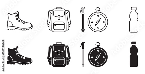 Hiking and camping equipment icon set featuring a boot, backpack, trekking pole, compass, and water bottle shown in both outline and solid glyph styles for outdoor adventure themes