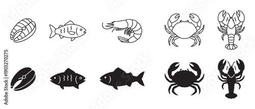 Set of seafood icons featuring fish, steak, shrimp, crab, and lobster in both black line art and solid silhouette styles for culinary or menu design elements