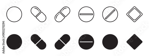 Pill and tablet icons vector set showing various shapes like round, capsule, and diamond in both outline and solid silhouette styles for medical or pharmaceutical design concepts