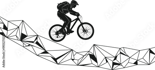 Silhouette of a mountain biker with a backpack skillfully riding over a jagged geometric terrain design representing mountains