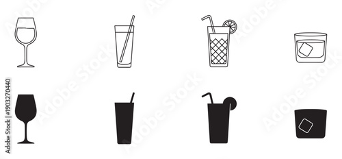 Black and white drink glass icon set featuring minimalist outline and solid silhouette designs of wine, a cocktail with a straw, and a rocks glass with an ice cube