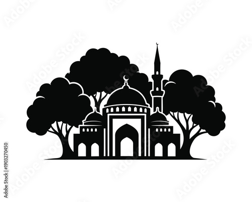 Mosque with trees vector silhouette illustration design set collection,  mosque with trees silhouette, mosque with surrounding trees vector, islamic mosque landscape illustration, mosque dome minaret 