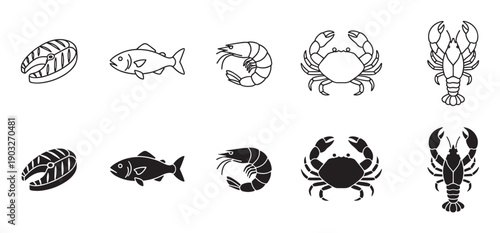 Collection of seafood vector pictograms including salmon, fish, shrimp, crab, and lobster, with each animal shown as a simple black outline and a solid filled silhouette