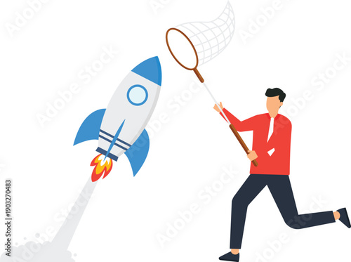 Businessman running chasing success catching net space rocket startup launch business opportunity financial growth market trend ambitious goal flat design