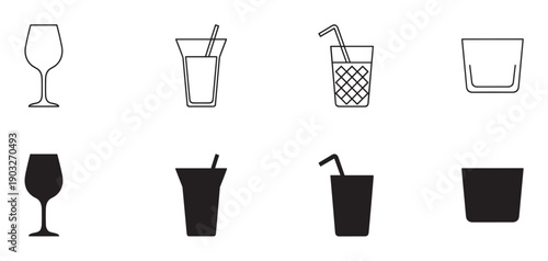 Set of black drink glass icons featuring wine, cocktail, and tumbler shapes presented in two distinct styles, a clean line art outline and a solid black silhouette