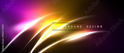 Vibrant abstract background. Purple, orange, yellow hues blend. Dynamic curves create luminous effect. Text reads background design.