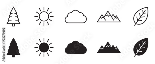 Set of black nature icons featuring a pine tree, sun, cloud, mountain, and leaf, presented in both a simple line art style and a solid filled silhouette version