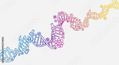 Dynamic representation of DNA structure integrating diverse scientific elements and colorful