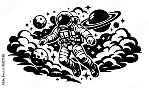 Line art illustration of an astronaut depicting a cosmic journey with planets and stars for space adventure designs