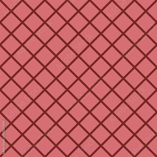 Seamless burgundy diagonal grid vector on a coral red background. Simple geometric design suitable for wallpaper, pattern design, branding, packaging, and digital use.
