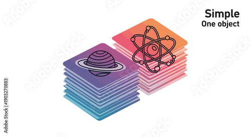 Vibrant isometric stack illustrations depicting a planet and an atom for science and space concepts