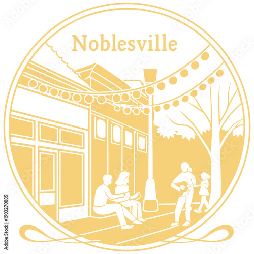 Historic Noblesville Indiana Street Scene with Musicians and Outdoor Seating