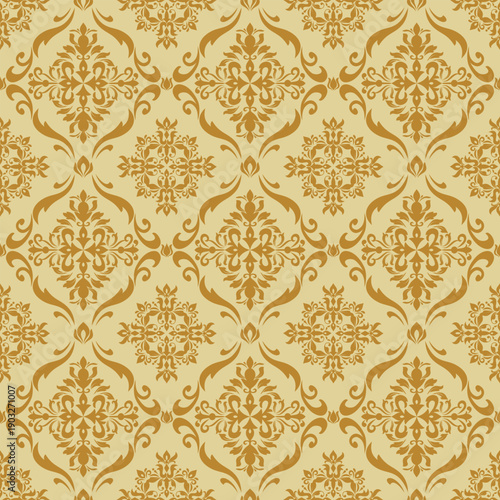 Seamless classic damask pattern featuring ornate floral ornaments in gold tones on a warm beige background. Elegant, vintage, and luxurious decorative style