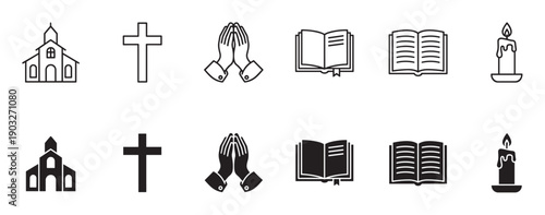 Collection of black Christian religious icons in line art and solid glyph styles, including a church, cross, praying hands, bible, and candle for spiritual design