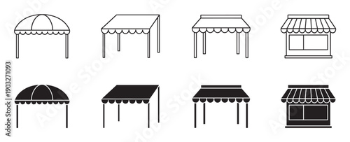 Set of black market stall icons showing different canopy and awning designs in both line art and silhouette styles for commercial retail and outdoor events