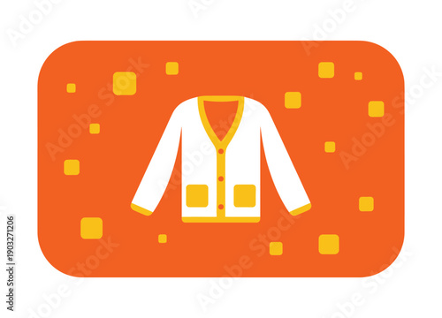 A simple vector illustration of a white cardigan with yellow details on an orange background, featuring scattered yellow squares.