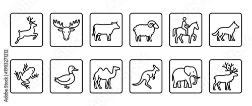 Set of black animal line icons in a minimalist pictogram style featuring a diverse collection of wildlife and farm animals like deer, moose, cow, elephant, and kangaroo