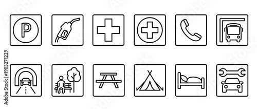 Set of twelve black outline icons for roadside services and travel information, including symbols for parking, fuel, medical aid, lodging, and vehicle repair