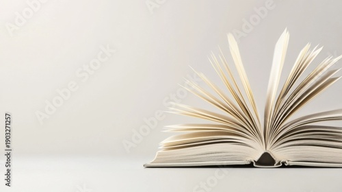 An open book with a light beige cover and pages.