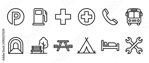 Set of black line icons for travel and road trip services including parking, gas station, medical aid, bus, camping, and repair, presented in a minimalist outline style