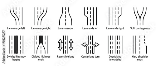 Collection of black line road traffic icons showing different lane configurations like merging, narrowing, ending, and divided highways for driver information and safety guidance