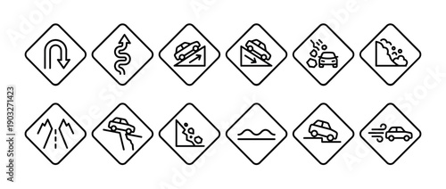 Road sign icons in a black line art style showing various traffic warnings for driving safety, including steep hill, falling rocks, winding road, and U-turn symbols