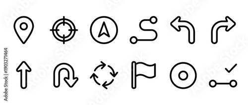 Collection of black line art icons for navigation and mapping, featuring symbols like a pin, target, arrows, route, flag, and destination point for user interface design