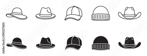 Black and white hat icon collection featuring various headwear styles like fedora, baseball cap, beanie, and cowboy hat in both simple outline and solid glyph versions