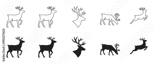 Black deer and reindeer icon collection with minimalist silhouettes and line art illustrations of the wild animals in various poses like standing, walking, and jumping