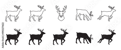 Set of ten minimalist deer icons presented in two distinct styles, a clean black outline and a solid filled silhouette, showing multiple animal poses like walking and grazing