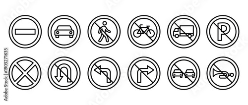 Collection of black line art prohibitory road signs showing various traffic regulations like no entry, no parking, and no turns, presented as a clear and simple icon set