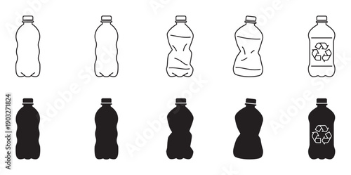 Plastic bottle icon set in outline and silhouette styles shows the stages of use from new to crumpled and ready for recycling, illustrating waste and environmental concepts