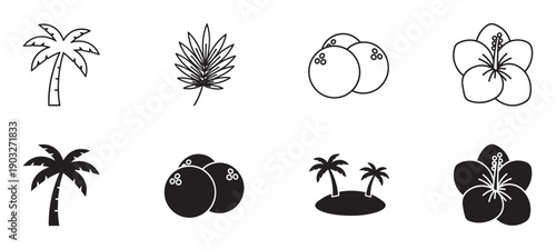 Collection of black tropical icons featuring palm trees, coconuts, hibiscus flowers, and leaves in both outline and solid silhouette styles for summer vacation themes