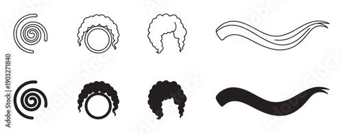 Collection of black hairstyle graphic icons featuring curly afro, wavy lock, and spiral bun designs presented in both simple outline and solid silhouette vector illustration styles