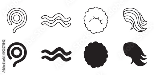 Hair type classification icon set showing coily, wavy, curly, and straight textures in both minimalist line art and solid black silhouette graphic vector illustrations